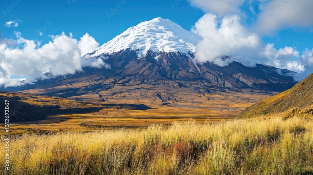 Snowy mountain peak above field. Tall dry grass in golden valley. Blue sky with white clouds in distant landscape. Natural vista. Snowy mountain peak above field. Tall dry grass in golden valley. Blue sky with white clouds in distant landscape. Natural vista.