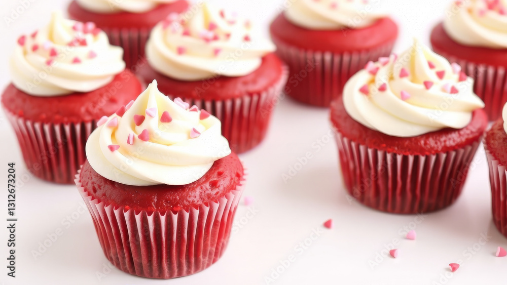Close-up of red velvet cupcakes with white frosting and heart-shaped sprinkles Close-up of red velvet cupcakes with white frosting and heart-shaped sprinkles