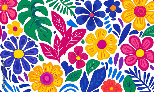 Wallpaper Mural Colorful Floral Pattern with Vibrant Flowers and Leaves Design Torontodigital.ca
