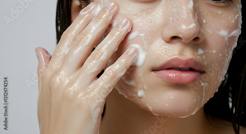 Young Woman Cleansing Face with Foam , Close up
