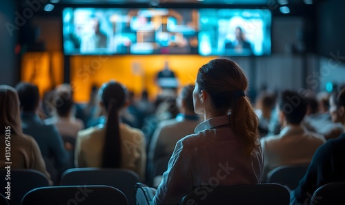 Audience attends a hybrid conference with virtual speakers on large screen display