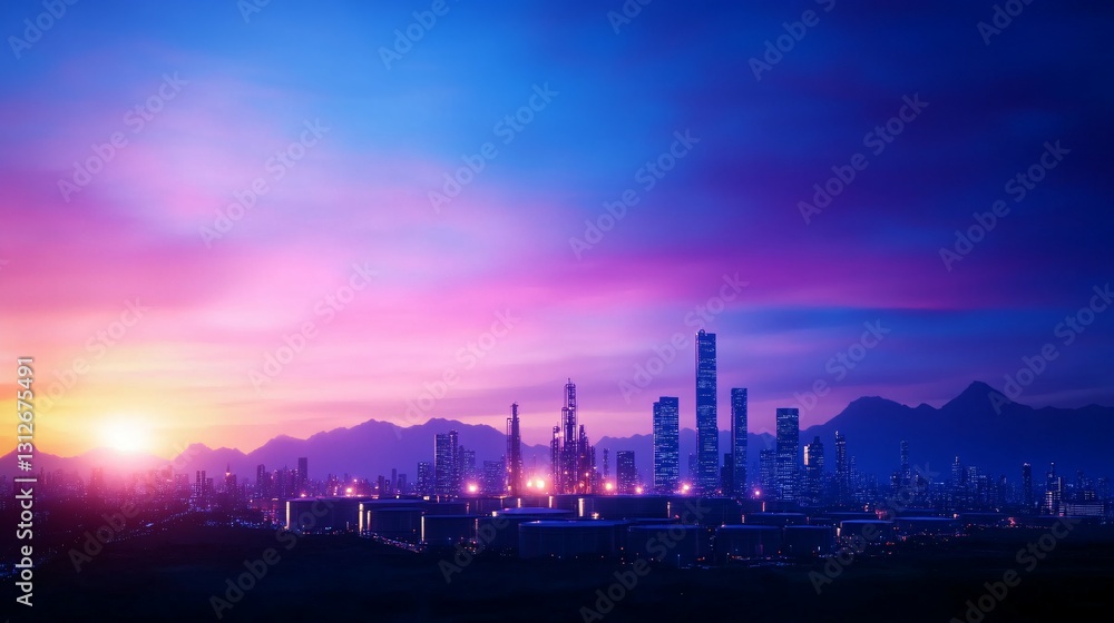 Fototapeta premium A futuristic city skyline during a colorful vibrant sunset
