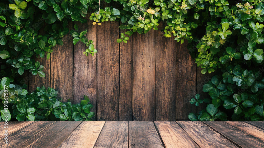 Rustic wooden deck with lush greenery background Rustic wooden deck with lush greenery background