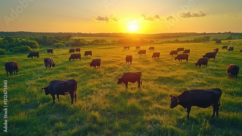 Wallpaper Mural Cattle Grazing at Sunset: A herd of cattle grazes peacefully in a vast, sun-drenched meadow as the golden sun dips below the horizon, painting the sky with warm hues. Torontodigital.ca