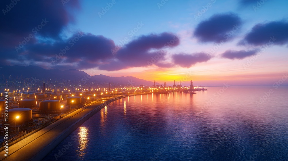 A coastal industrial facility illuminated at sunset next to water A coastal industrial facility illuminated at sunset next to water