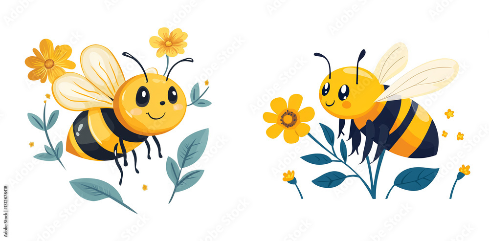 Fototapeta premium Cute cartoon bees collecting nectar from vibrant flowers on transparent background
