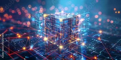 Multi-Dimensional Cube Surrounded by Vibrant Light Streaks and Tech Elements
