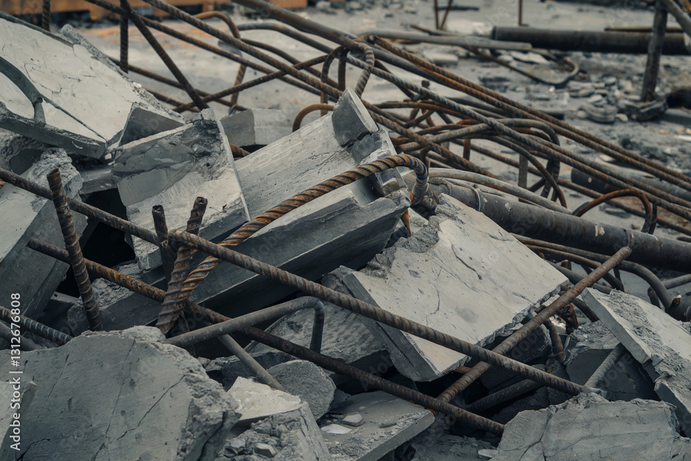 Fototapeta premium Construction site debris with concrete blocks and rusty rebar scattered across the ground during demolition activity