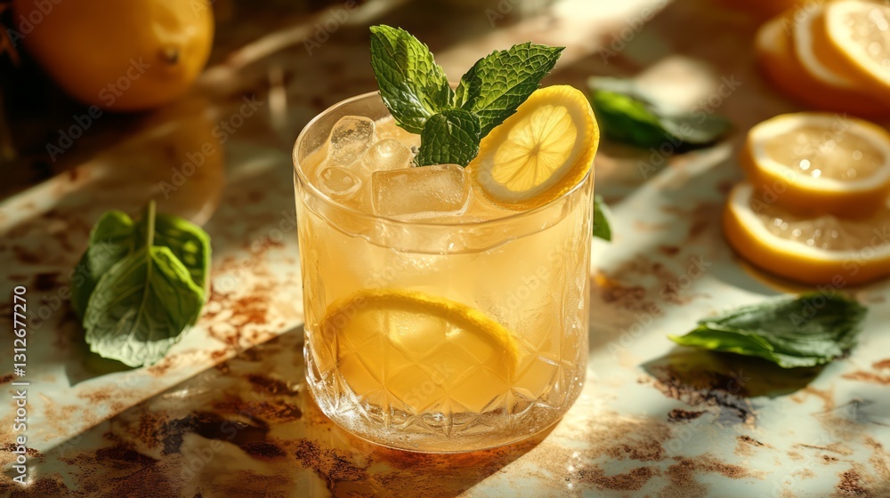 Fototapeta premium A glass of lemonade with a sprig of mint on top. The drink is served in a tall glass with a green leaf on the rim. The drink is garnished with a sprig of mint and a slice of lemon