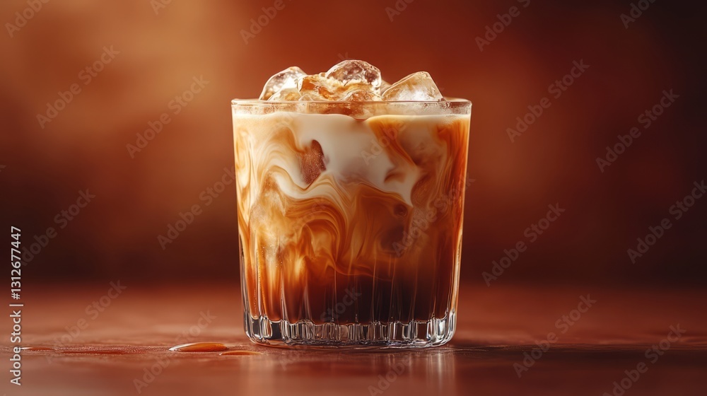 A glass of coffee with ice cubes in it. The coffee is brown and creamy, and the ice cubes are floating in it. Concept of relaxation and comfort, as the warm coffee A glass of coffee with ice cubes in it. The coffee is brown and creamy, and the ice cubes are floating in it. Concept of relaxation and comfort, as the warm coffee