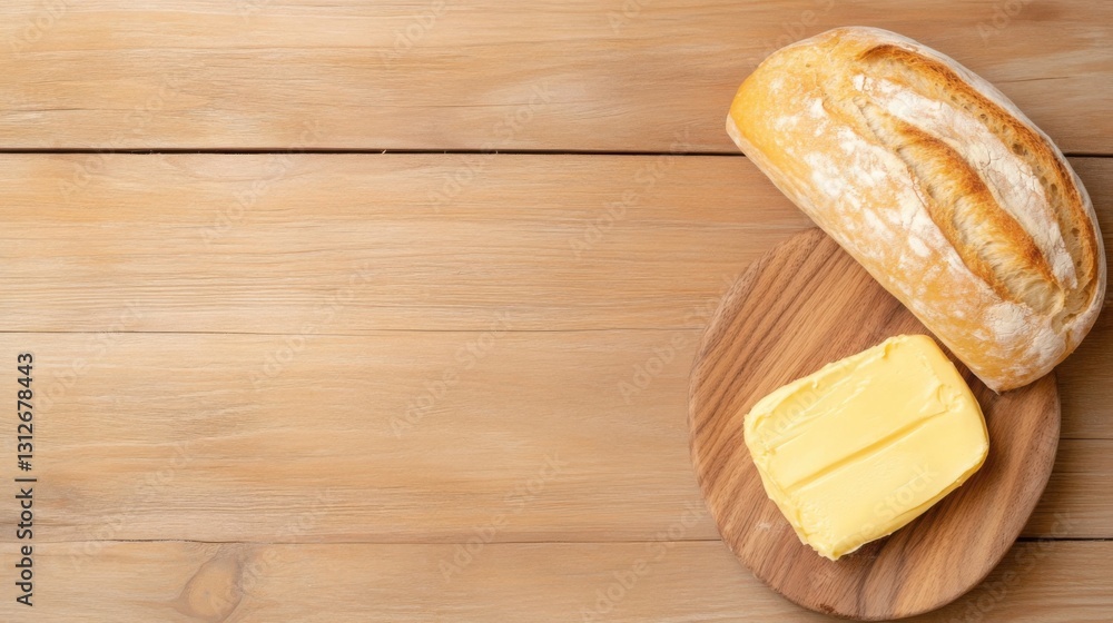 A rustic wooden table with fresh bread and butter, natural light highlighting textures, cozy A rustic wooden table with fresh bread and butter, natural light highlighting textures, cozy