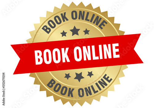 book online. book online round red and gold label isolated on transparent background