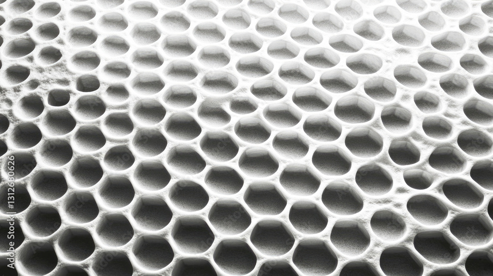 Monochrome honeycomb texture with hexagonal cells in close-up view