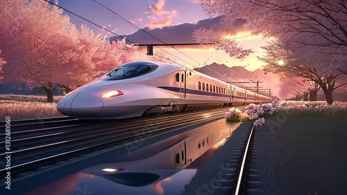Wallpaper Mural High-speed train gliding through cherry blossom landscape at sunset with vibrant colors Torontodigital.ca