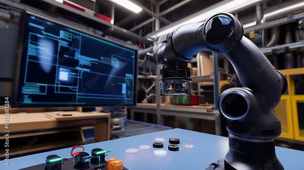 Fototapeta premium An industrial robot arm performing work in a modern lab setting
