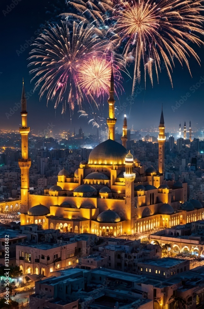 Obraz premium Stunning Fireworks Over Illuminated Mosque at Night