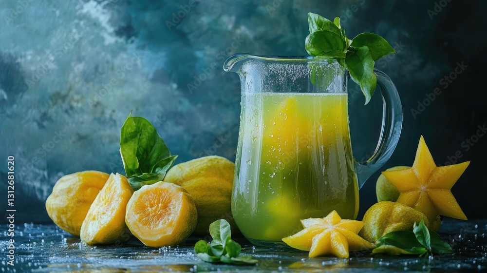 Refreshing Citrus Drink in a Pitcher Surrounded by Fresh Fruits and Green Leaves on a Dark Background Refreshing Citrus Drink in a Pitcher Surrounded by Fresh Fruits and Green Leaves on a Dark Background