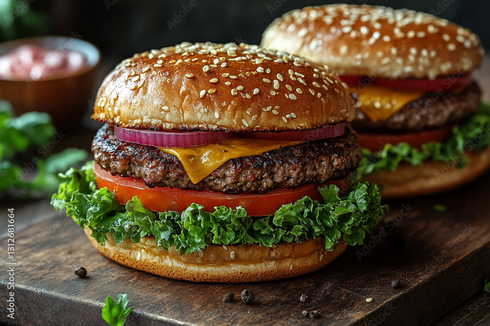 Making a homemade burger: fresh ingredients on a cutting board, concept art Making a homemade burger: fresh ingredients on a cutting board, concept art