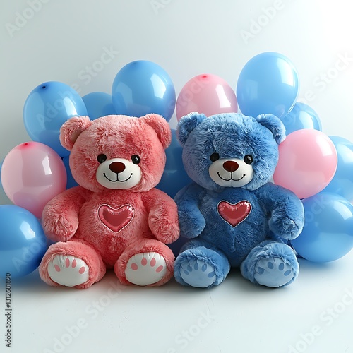 Pink and blue teddy bears with balloons