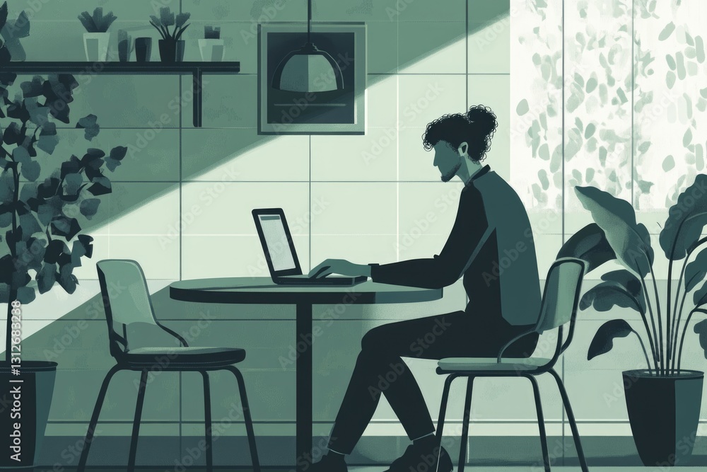 A person works on their laptop at a small table in a sunlit room, surrounded by plants and minimalist decor. A person works on their laptop at a small table in a sunlit room, surrounded by plants and minimalist decor.