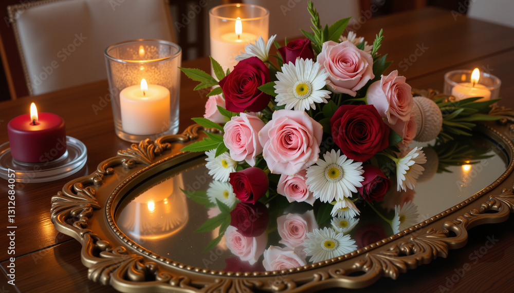 Obraz premium Luxurious wedding bouquet with red and pink roses, daisies, and candles on gold mirror for a romantic ambiance
