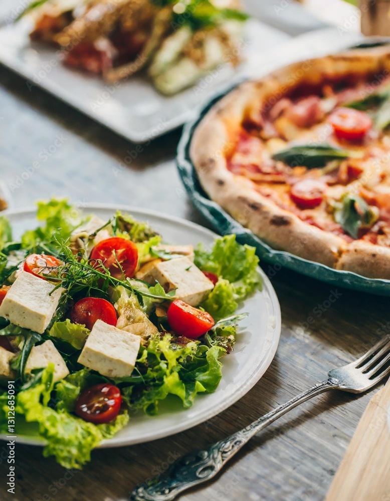 Top View of a Delicious Food Assortment Featuring Tofu Salad, Pizza, and More Top View of a Delicious Food Assortment Featuring Tofu Salad, Pizza, and More