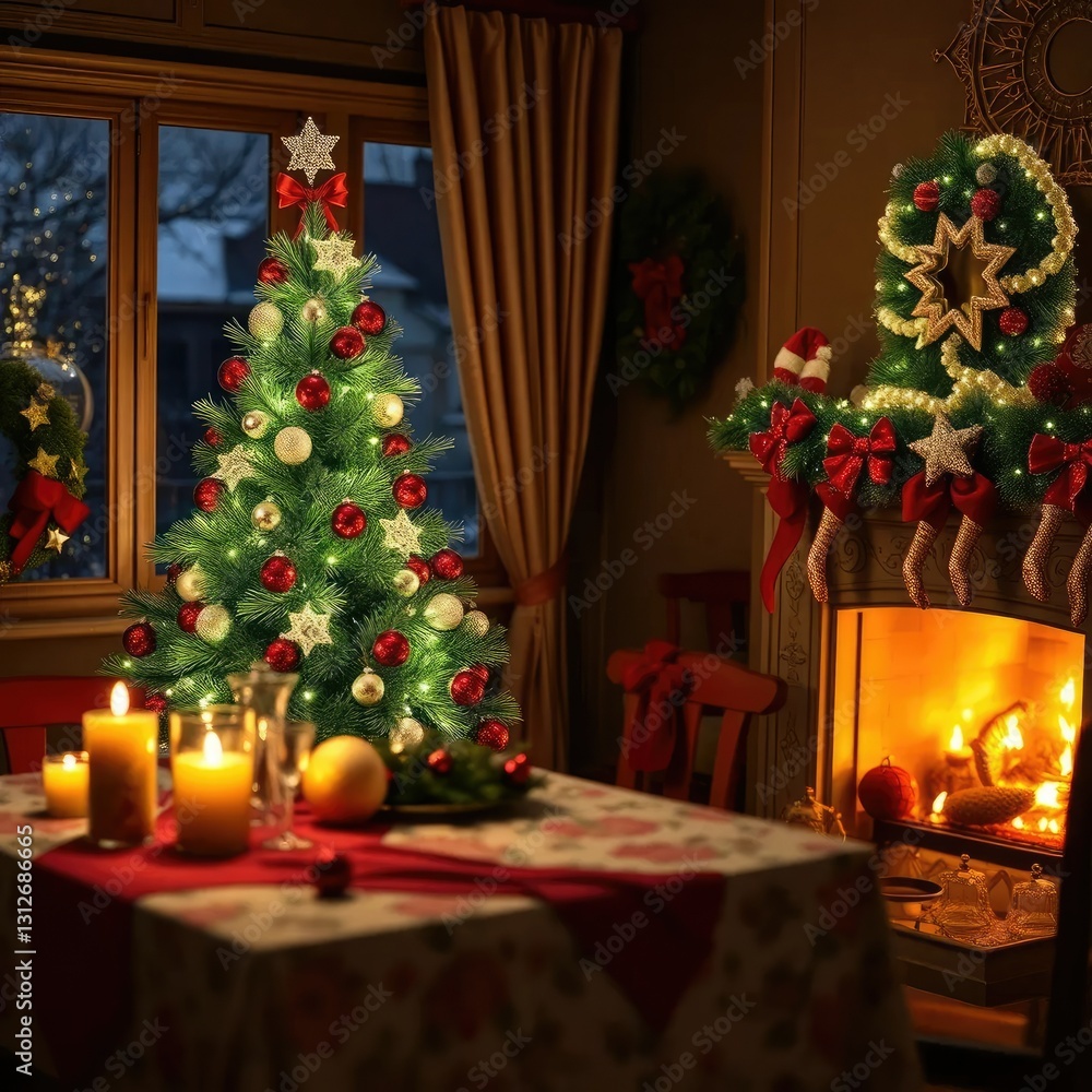 Christmas tree on the side of a festive table, festive tablecloth, ornaments, cozy atmosphere Christmas tree on the side of a festive table, festive tablecloth, ornaments, cozy atmosphere