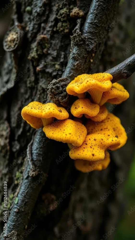 Closeup of fungus with yellow cap on tree branch, growth, yellow, branch Closeup of fungus with yellow cap on tree branch, growth, yellow, branch
