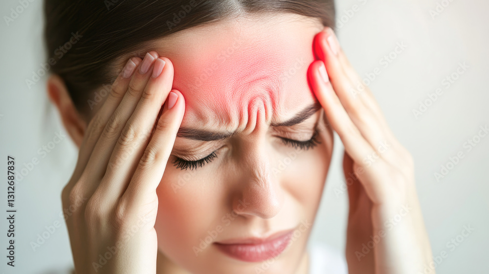 Caucasian female adult with headache holding head in discomfort Caucasian female adult with headache holding head in discomfort