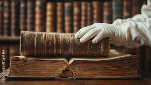  Librarian carefully scanning an old book with a flatbed scanner delicate gloved hands pressing the worn pages down gently, while soft light illuminates the intricate details of the antique text.
