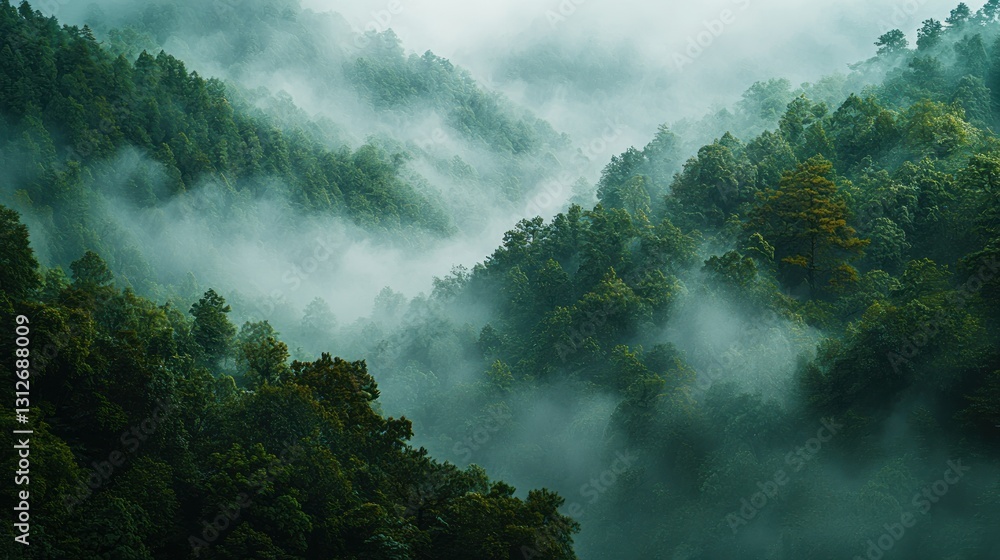 Misty mountain forest, lush green canopy shrouded in fog Misty mountain forest, lush green canopy shrouded in fog