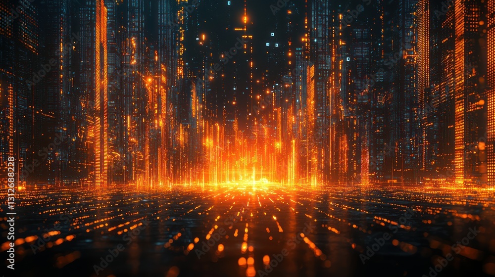 Naklejka premium Futuristic city street glowing orange. Possible stock photo use