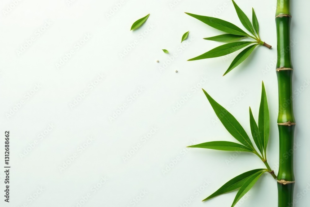 Fototapeta premium Delicate bamboo leaves scattered on a pristine white surface, natural, bamboo, leaf