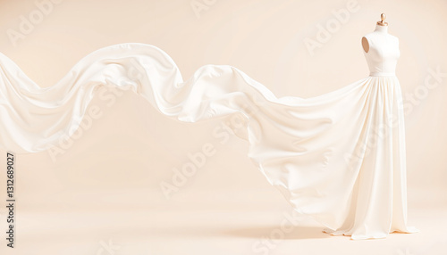 Elegant wedding dress on mannequin with flowing fabric for luxury bridal fashion and wedding expo promotional branding