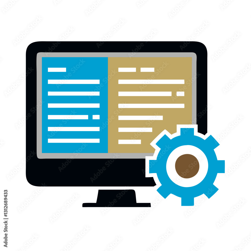 Computer screen with coding and gear icon in blue and brown Computer screen with coding and gear icon in blue and brown