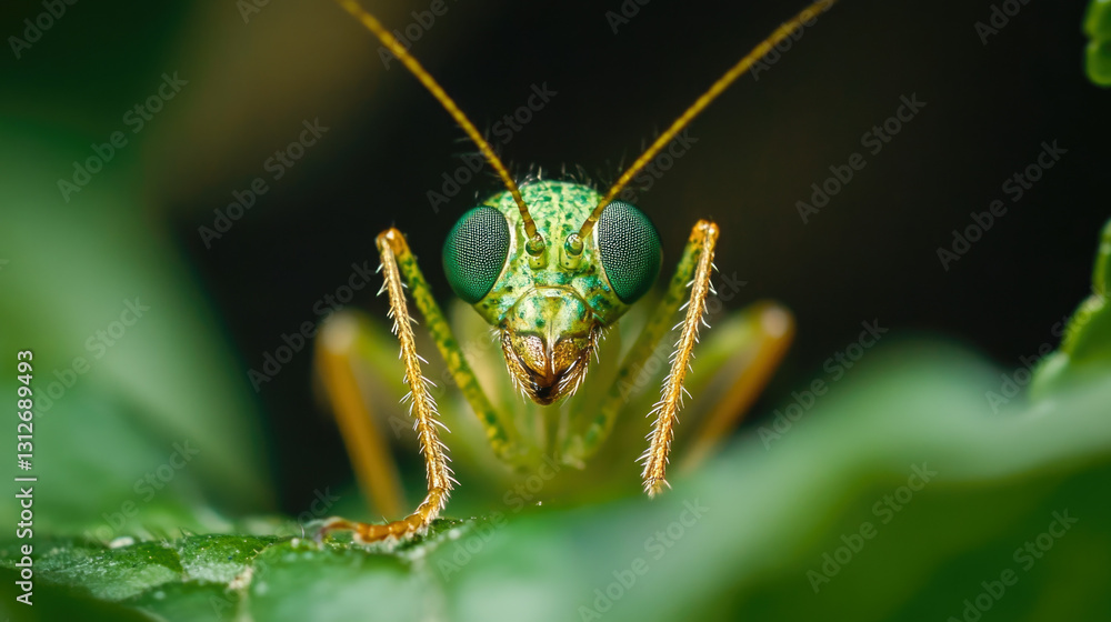 Close-up of green praying mantis on leaf with detailed eyes Close-up of green praying mantis on leaf with detailed eyes