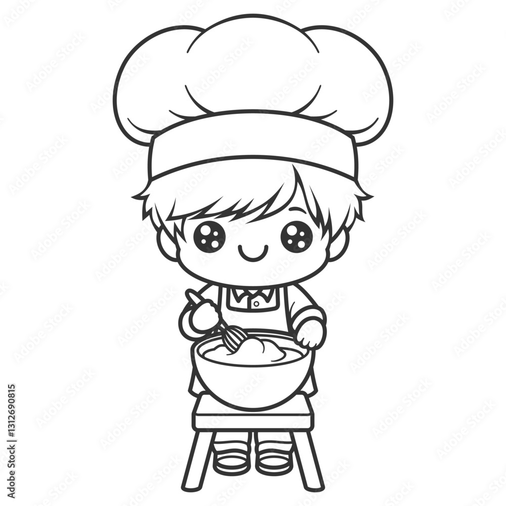 The boy is being a chef and making cake dough, for coloring The boy is being a chef and making cake dough, for coloring
