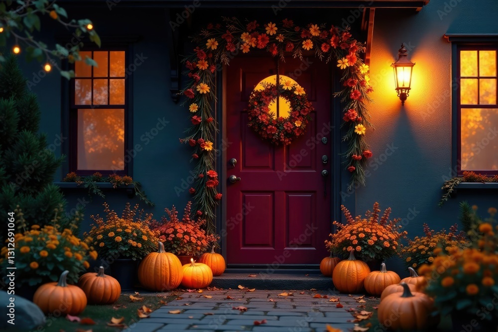 Obraz premium Doorway adorned with seasonal flowers and candles, autumnal, halloween