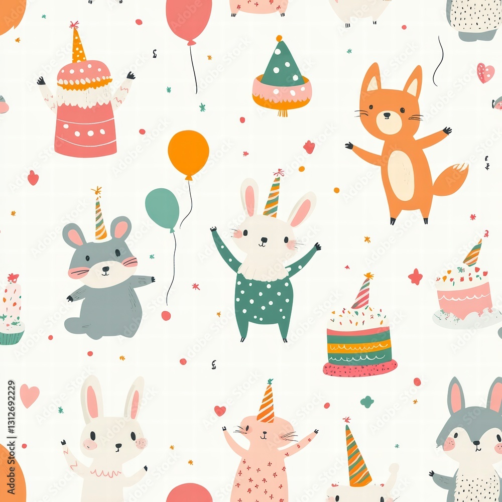 Fototapeta premium Whimsical Party Animals: A joyful scene of charming animal characters, balloons, confetti, and cakes, celebrating against a bright backdrop of merriment. 