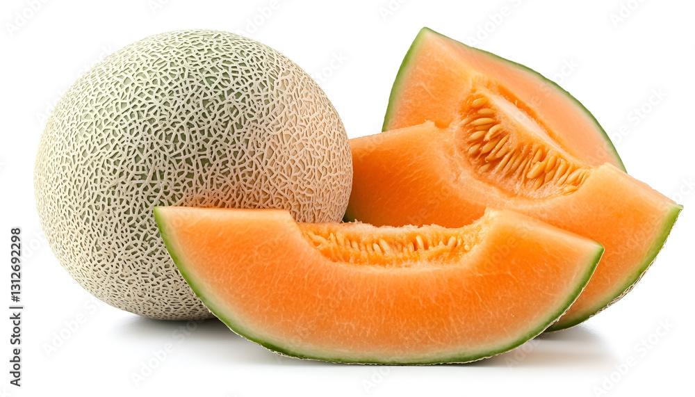 Whole and sliced fresh ripe melons isolated on white Whole and sliced fresh ripe melons isolated on white