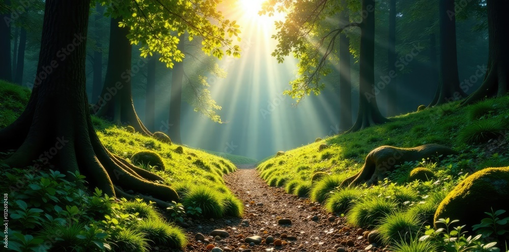 Obraz premium Forest floor with sunlight shining through trees, hills, sunlight filtering