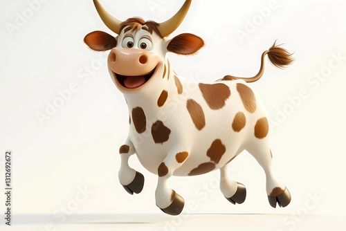 Cheerful cartoon cow prancing across white background, bringing whimsical charm to kid friendly design and playful graphic projects photo