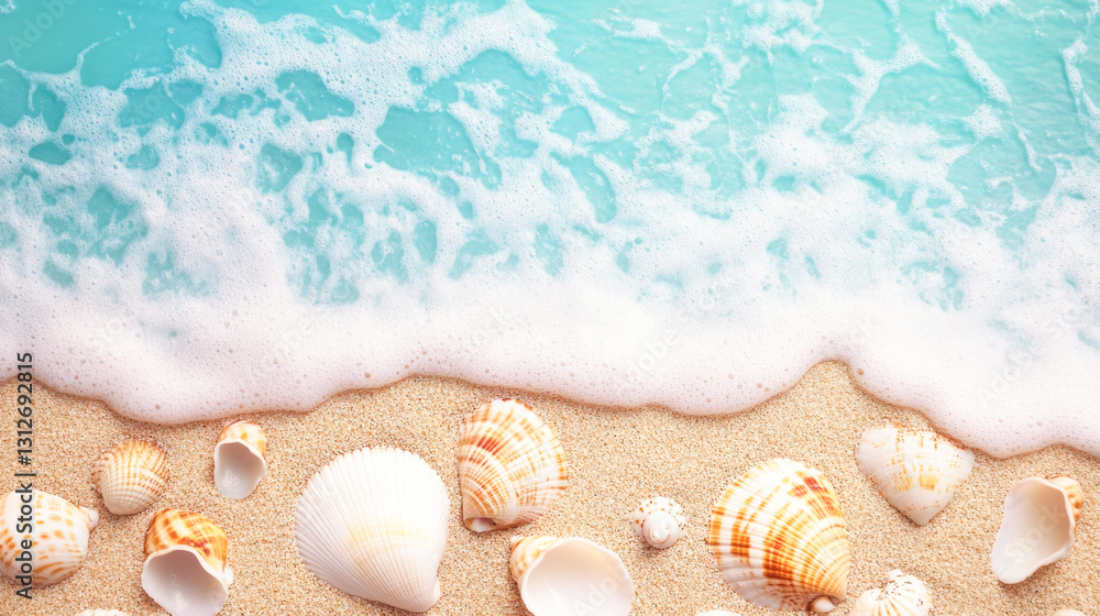 Seashells on sandy beach with gentle waves in a tranquil coastal scene Seashells on sandy beach with gentle waves in a tranquil coastal scene