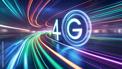The glowing 4G symbol streaks through a vibrant tunnel of light, symbolizing high-speed connectivity.