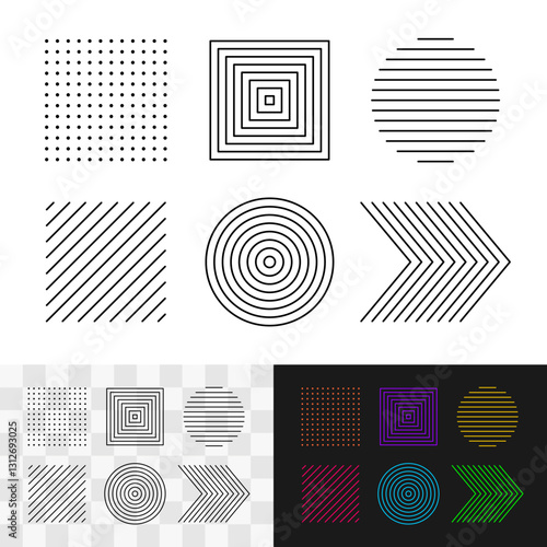 Decorative elements for various design uses made from parallel line blends. Different geometric shape figures with hatching and contours - square of dots, circle with lines and other. Editable stroke.
