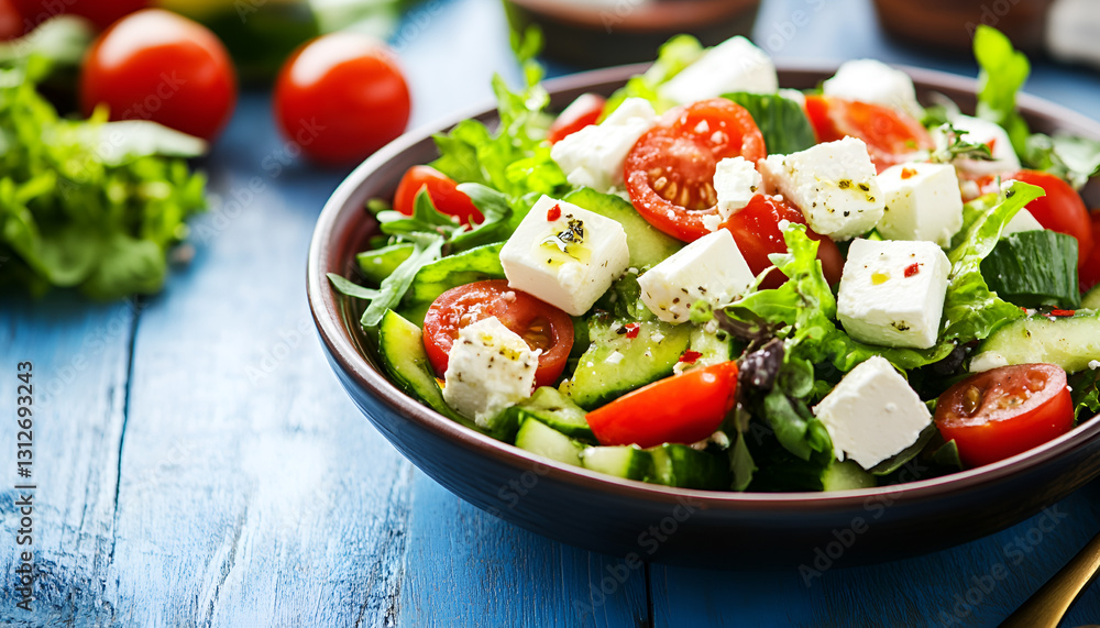 Delicious salad with feta cheese served on blue wooden table, folding table Delicious salad with feta cheese served on blue wooden table, folding table