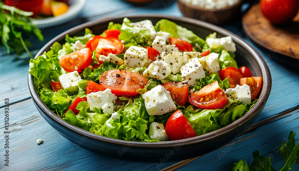 Delicious salad with feta cheese served on blue wooden table, folding table Delicious salad with feta cheese served on blue wooden table, folding table