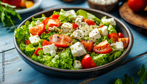 Delicious salad with feta cheese served on blue wooden table, folding table