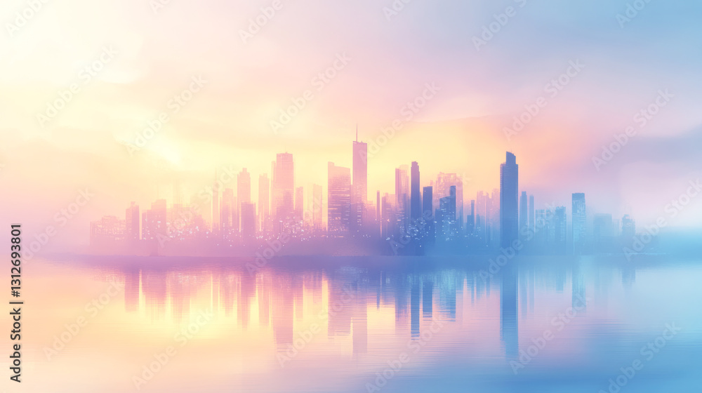 Fototapeta premium Dreamy city skyline at sunset with misty reflections