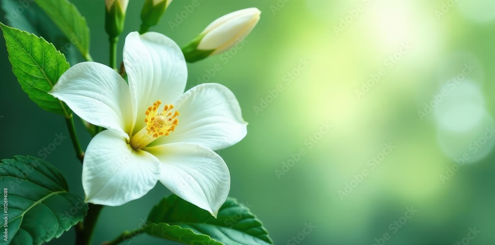 Green leaves and stems surrounding a large white flower, flower, botanical Green leaves and stems surrounding a large white flower, flower, botanical